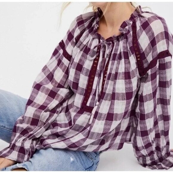 Free People Honey Grove Plaid Blouse Long Sleeve Flowy Boho Top Purple - Picture 2 of 8